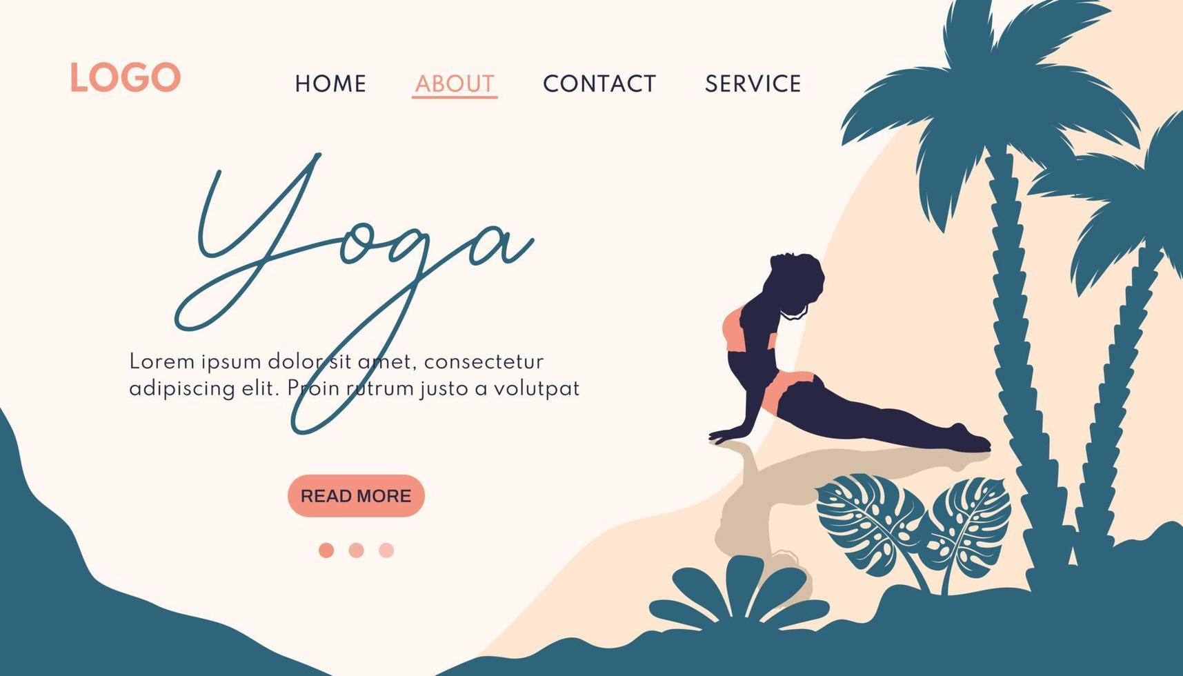 yoga baner. silhuett av skön yoga flicka i baddräkt på de strand. kvinna karaktär gör meditation, andas öva utomhus. vektor platt illustration för friska livsstil, affisch, hemsida