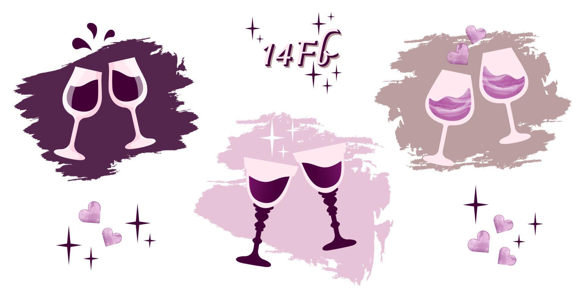 två glasögon av vin isolerat. samling av vin glasögon av annorlunda former. firande begrepp. modern design för romantisk design, hjärtans dag kort, fest firande. vektor illustration.