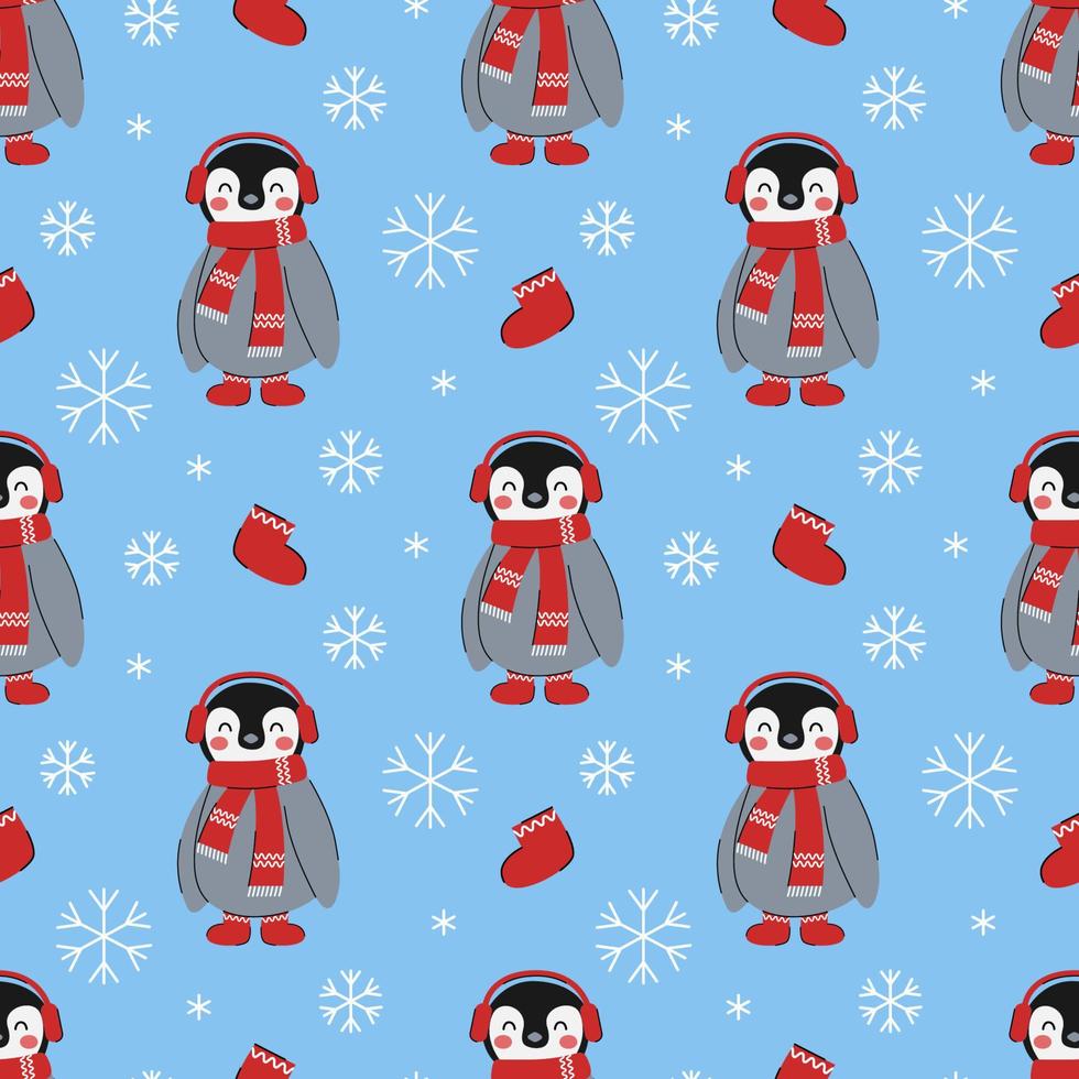 sömlös mönster söt liten pingviner i vinter- kläder med snöflingor på blå bakgrund. jul och ny år djur design vektor