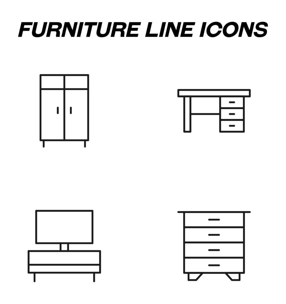 enkel svartvit tecken dragen med svart tunn linje. vektor linje ikon uppsättning med symboler av garderob, tabell, TV uppsättning, byrå