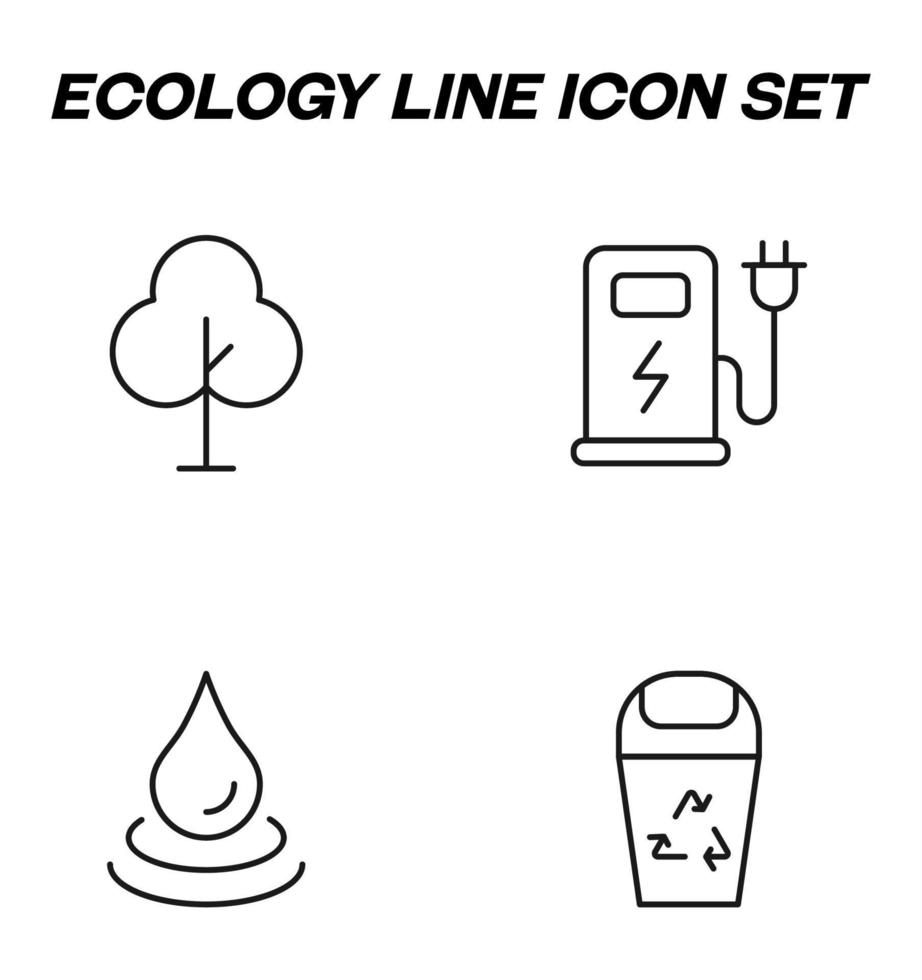 enkel svartvit tecken dragen med svart tunn linje. vektor linje ikon uppsättning med symboler av träd, gas station, vatten, avfall återvinna