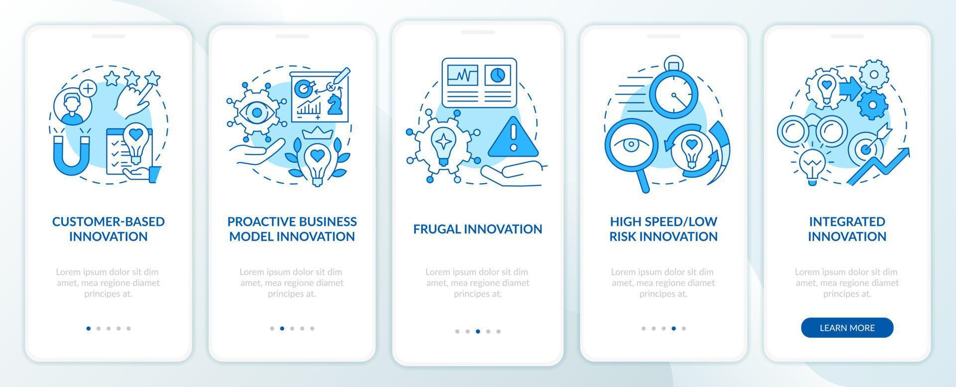 Aspekte des zukünftigen Innovationsmanagements blauer Onboarding-Bildschirm für mobile Apps. Komplettlösung 5 Schritte grafische Anleitungsseiten mit linearen Konzepten. ui, ux, gui-Vorlage. vektor