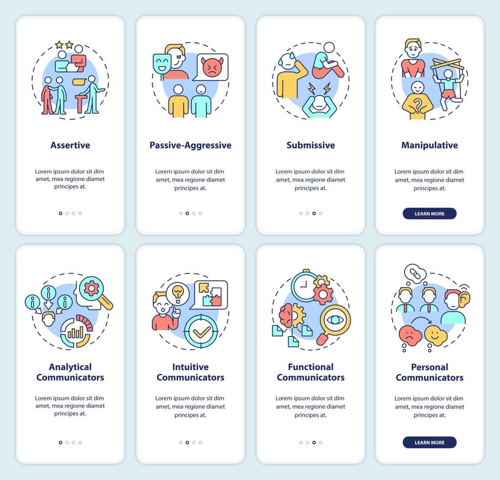 Identifizieren von Kommunikationsstilen beim Onboarding des Bildschirmsets für mobile Apps. Komplettlösung 4 Schritte grafische Anleitungsseiten mit linearen Konzepten. ui, ux, gui-Vorlage. vektor