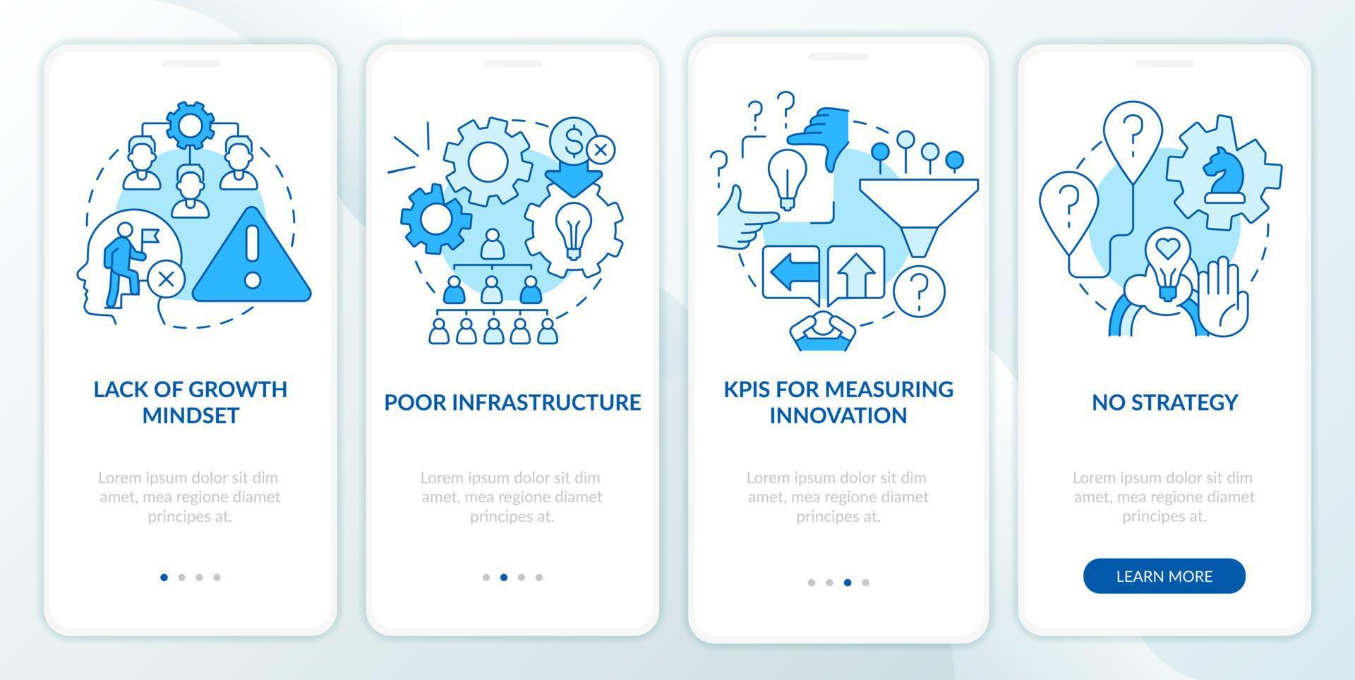 probleme im innovationsmanagement blauer onboarding-bildschirm der mobilen app. Komplettlösung 4 Schritte grafische Anleitungsseiten mit linearen Konzepten. ui, ux, gui-Vorlage. vektor
