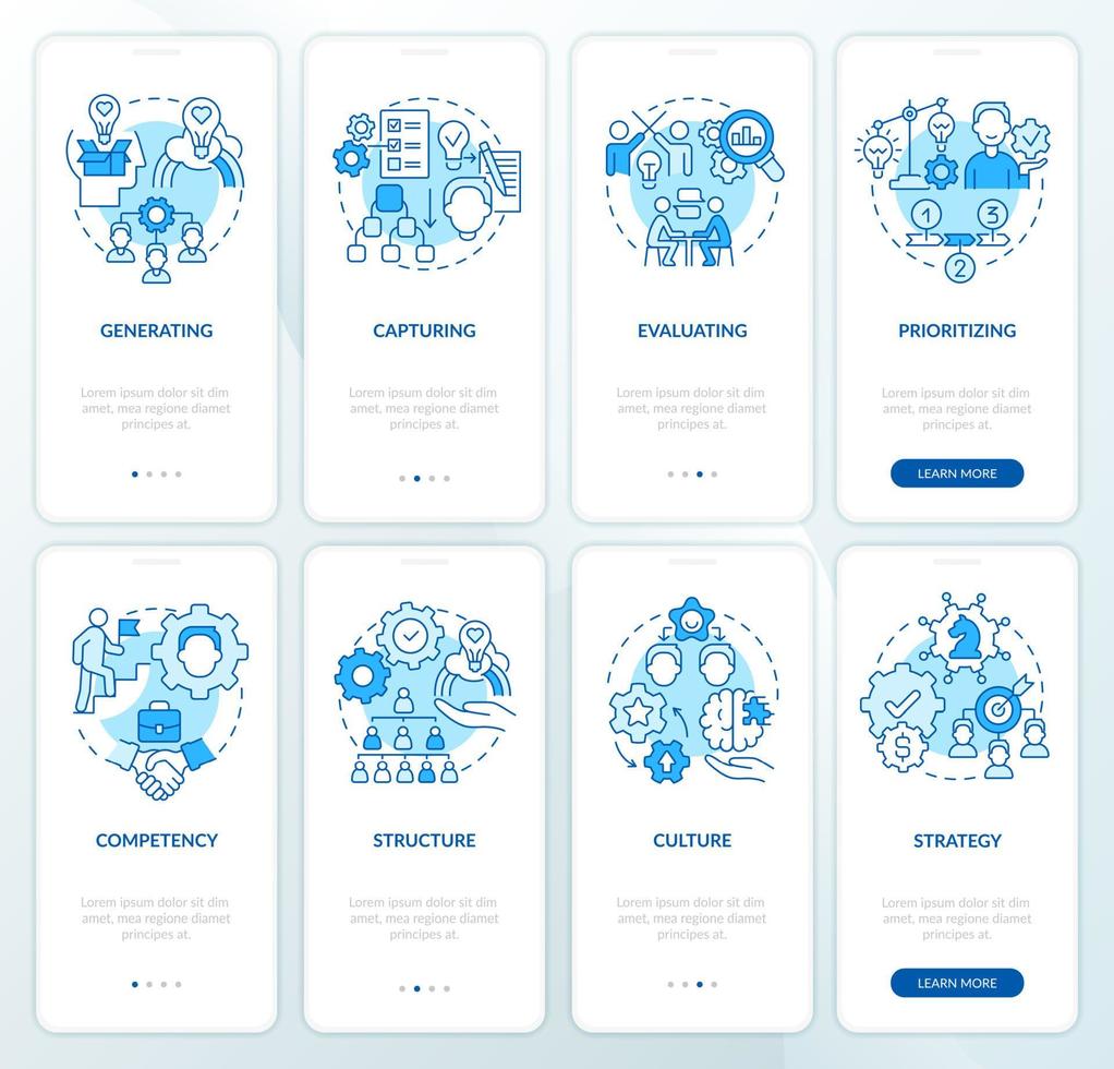 Innovationsmanagementstruktur blauer Onboarding-Bildschirmsatz für mobile Apps. Komplettlösung 4 Schritte grafische Anleitungsseiten mit linearen Konzepten. ui, ux, gui-Vorlage. vektor