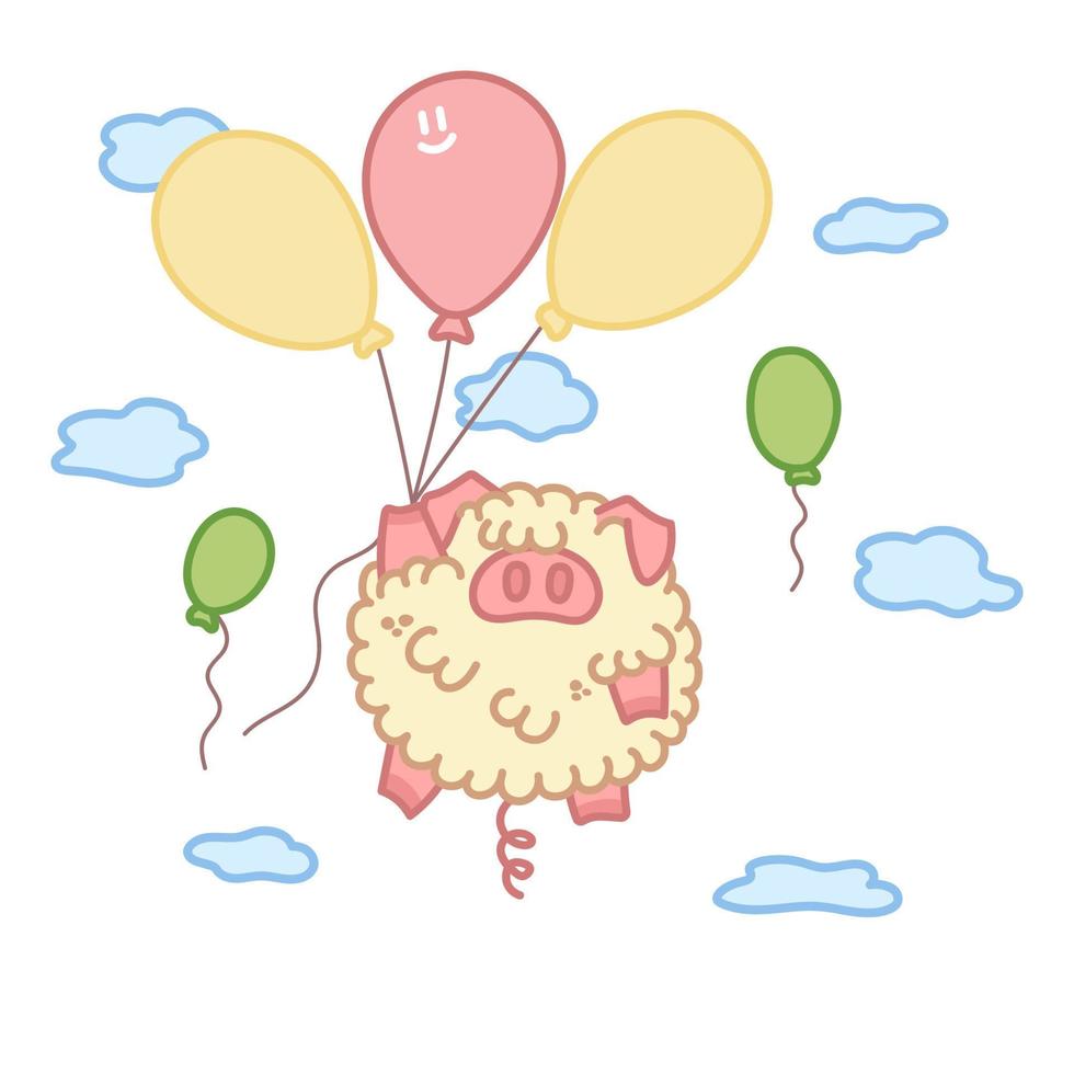 fluffig gris flygande med stor ballonger. fantasi söt karaktär. vektor illustration isolerat på vit bakgrund.