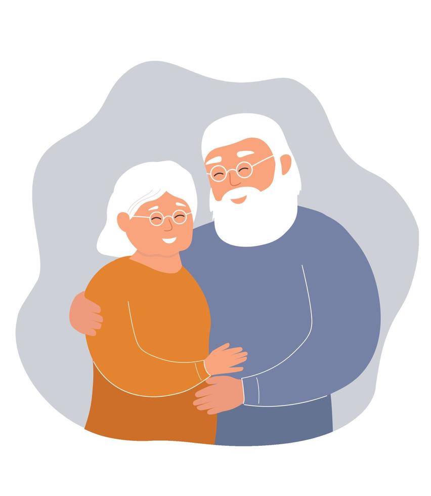 glückliches altes Ehepaar. Cartoon ältere Großeltern umarmen sich auf weißem Hintergrund. das konzept von beziehungen, liebe, familie. Vektor-Illustration. vektor