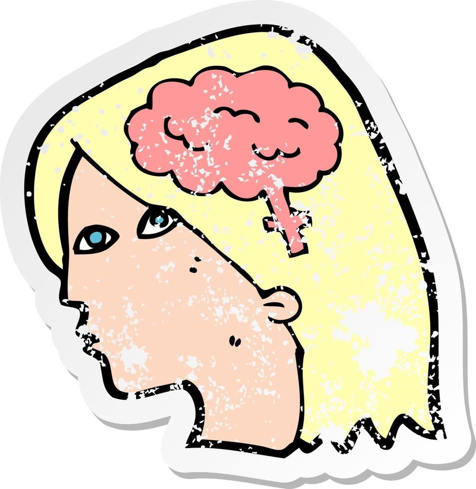 retro bedrövad klistermärke av en tecknad serie kvinna huvud med hjärna symbol vektor
