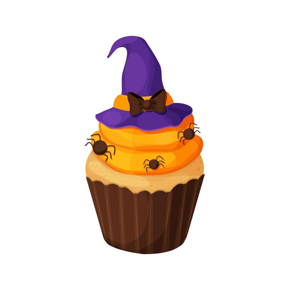 muffin halloween häxa hatt på orange grädde efterrätt i tecknad serie stil isolerat på vit bakgrund. vektor illustration