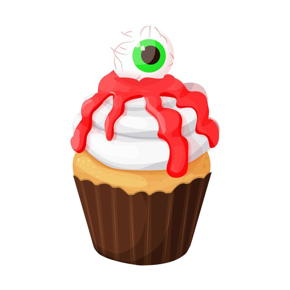 Cupcake-Halloween-Monster-Dessert mit beängstigendem Auge auf Blutgelee im Cartoon-Stil isoliert auf weißem Hintergrund. Vektor-Illustration vektor