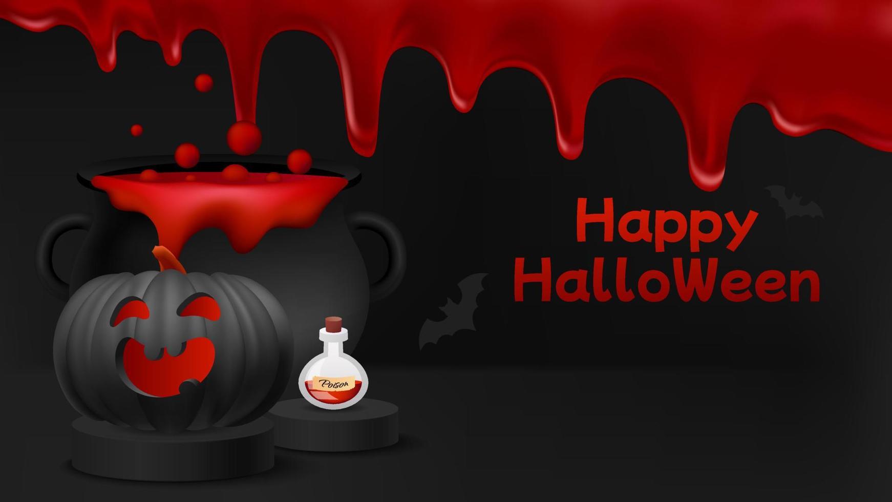 Happy Halloween Banner oder Party Einladung Hintergrund mit Fledermäusen und Kürbissen. Szene mit Podestzylinder und Hexenkessel mit Trank. Giftflasche. realistischer Blutfluss. Vektor-Illustration. vektor