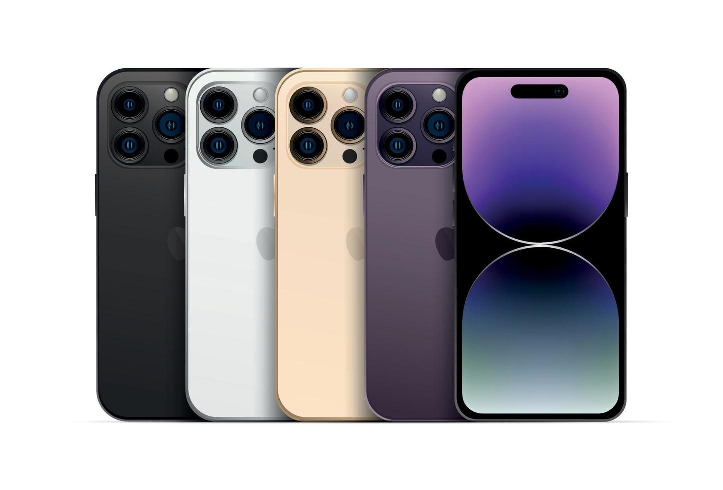 ny äpple iphone 14 proffs, modern smartphone grej, uppsättning av 4 st ny original- färger - vektor