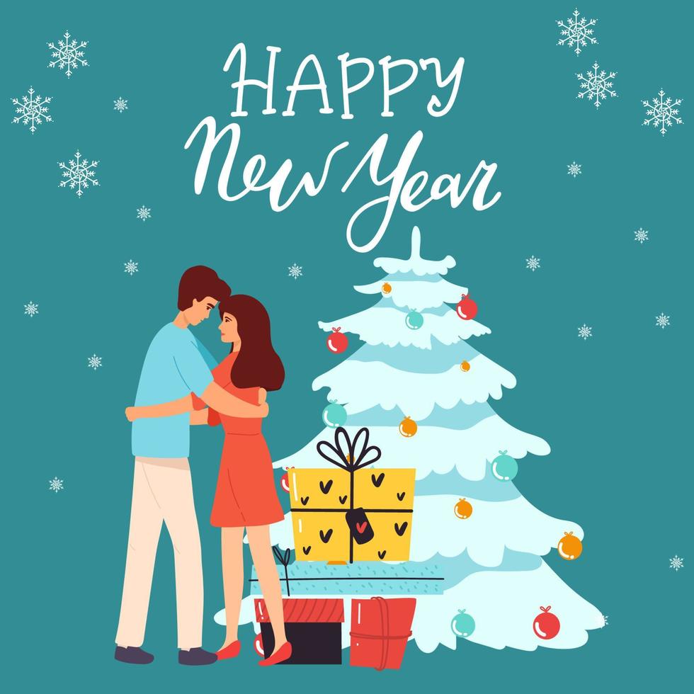 Lycklig par älskande kram fira jul Semester tillsammans. leende man och kvinna ha roligt omfamning njut av ny år fest eller firande. platt vektor illustration underhållning, vinter- semester