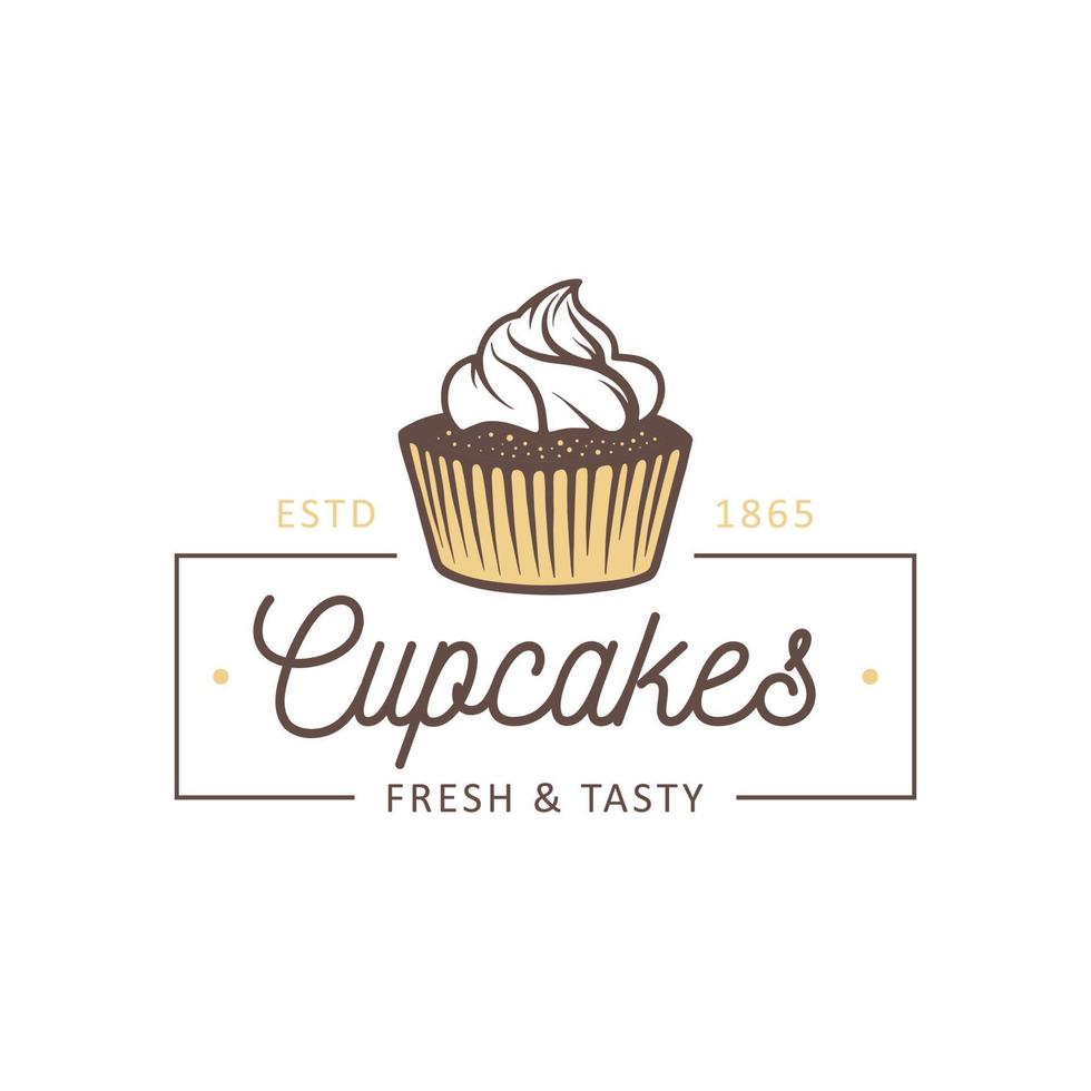 Bäckerei im Vintage-Stil einfaches Etikett, Abzeichen, Emblem, Logo-Vorlage. grafische lebensmittelkunst mit graviertem cupcake-design-vektorelement mit typografie. lineares Bio-Gebäck auf weißem Hintergrund. vektor