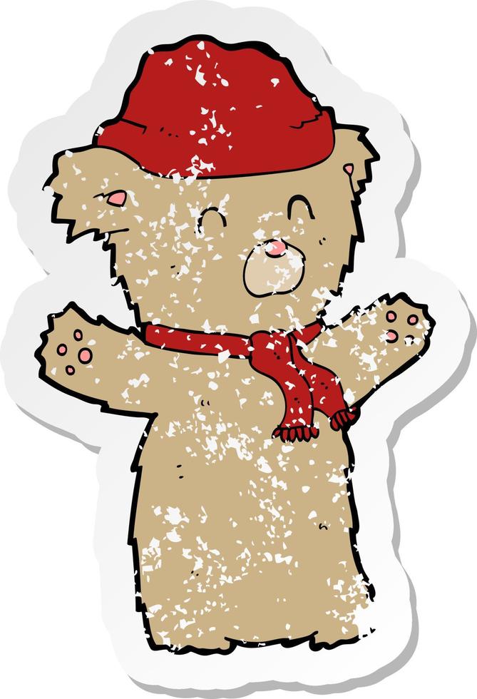 Retro-Distressed-Sticker eines Cartoon-Teddybären mit Hut und Schal vektor