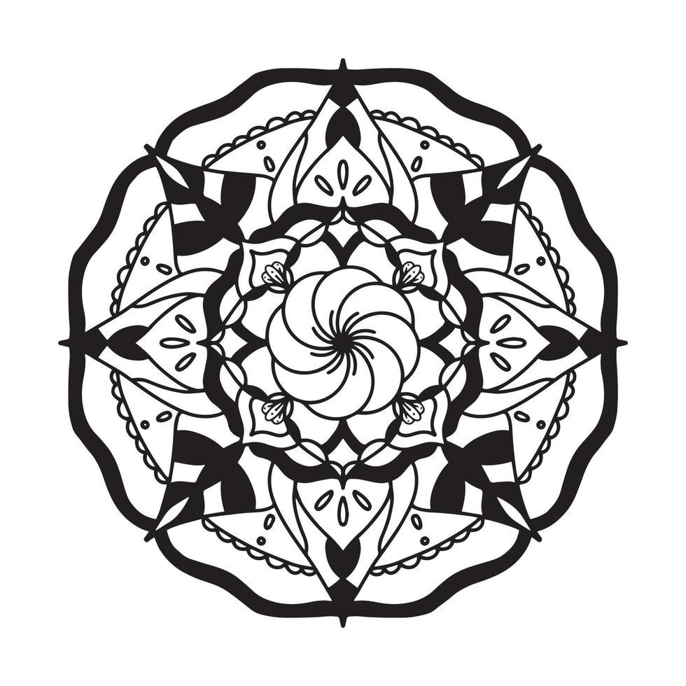 kreisförmiges Mandala-Schwarz-Weiß-Muster, verziert mit böhmischer cooler Mandala-Kunst, Henna-Blumen, Mehndi-Ritus und monochromer Symmetrie. Malbuch Seite Mandala, Anti-Stress-Therapie. vektor