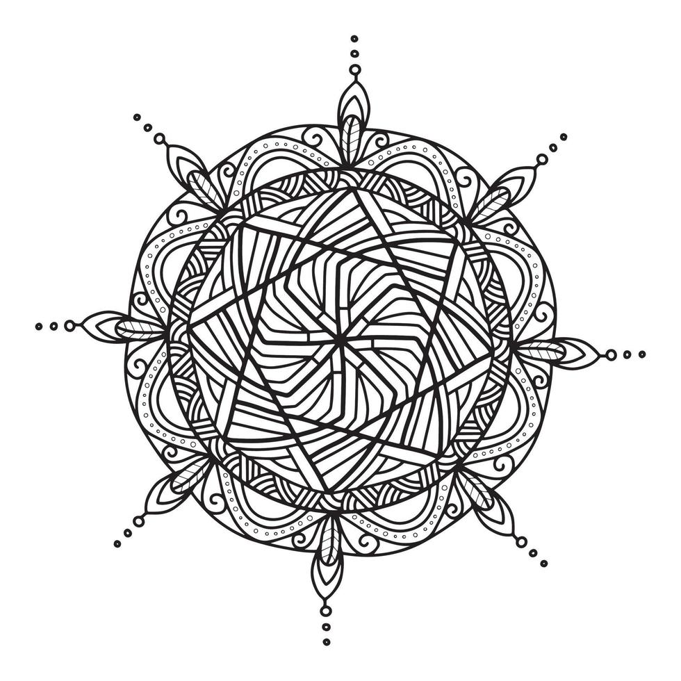 kreisförmiges Mandala-Schwarz-Weiß-Muster, verziert mit böhmischer cooler Mandala-Kunst, Henna-Blumen, Mehndi-Ritus und monochromer Symmetrie. Malbuch Seite Mandala, Anti-Stress-Therapie. vektor