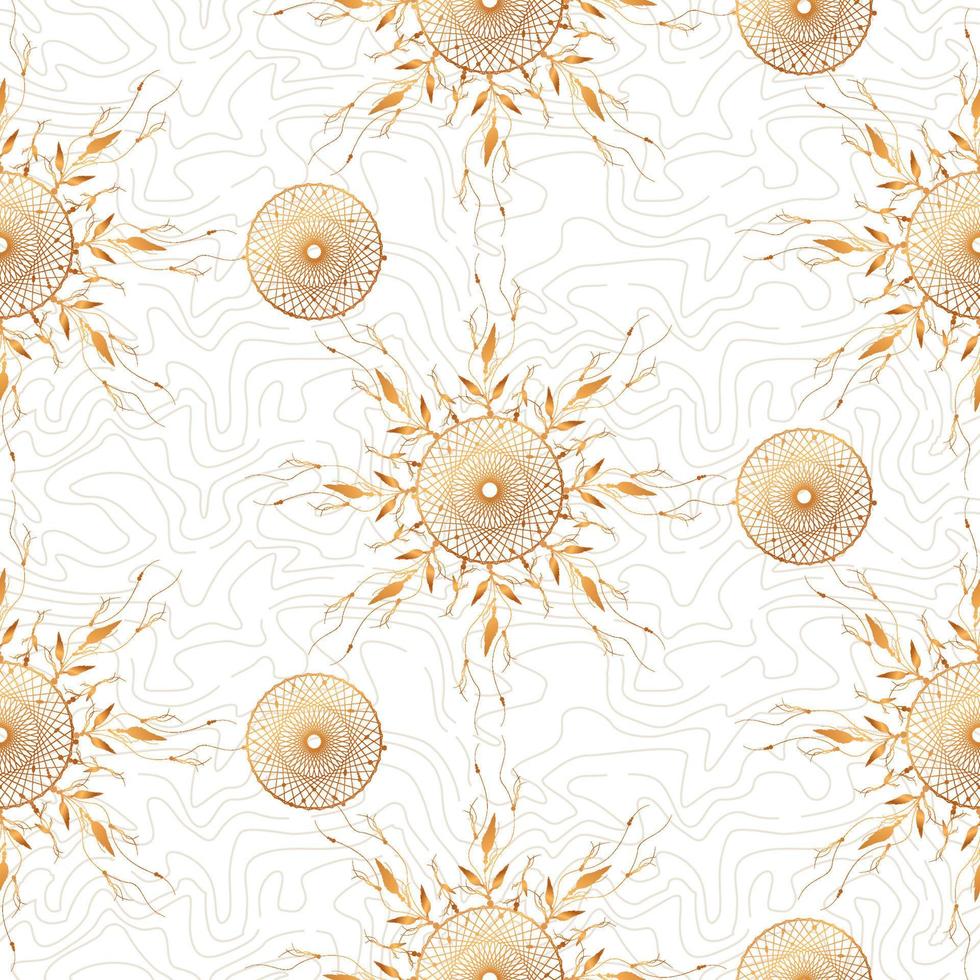 nahtlose Traumfänger-Mandala-Verzierung und Vogelfedern. Sonnenblume Gold rundes mystisches Symbol, ethnische Kunst mit indianischem Boho-Design, Vektor isoliert auf altem weißem Vintage-Retro-Hintergrund