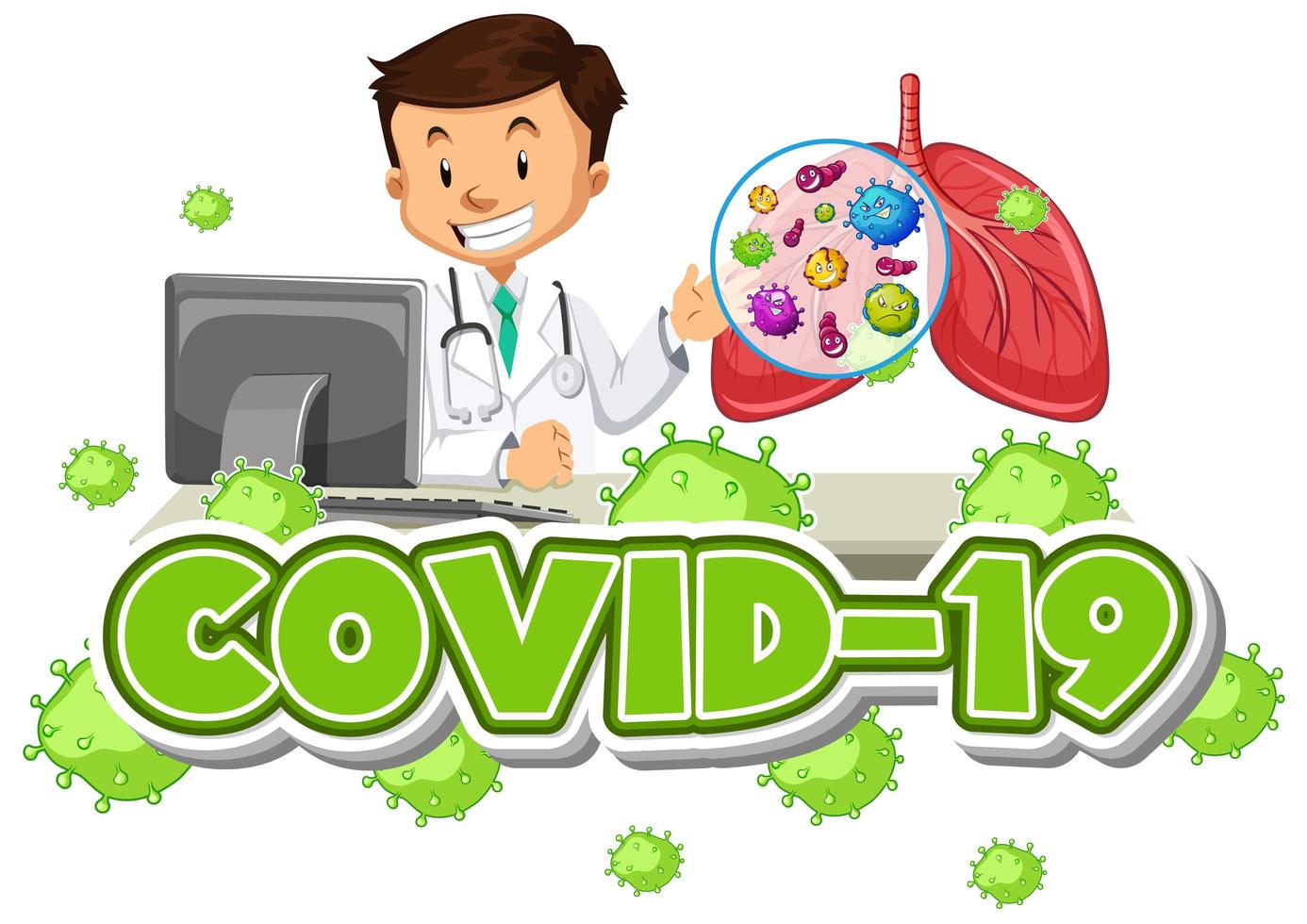 Covid 19 Zeichen Vorlage mit glücklichen Arzt und menschlichen Lungen vektor