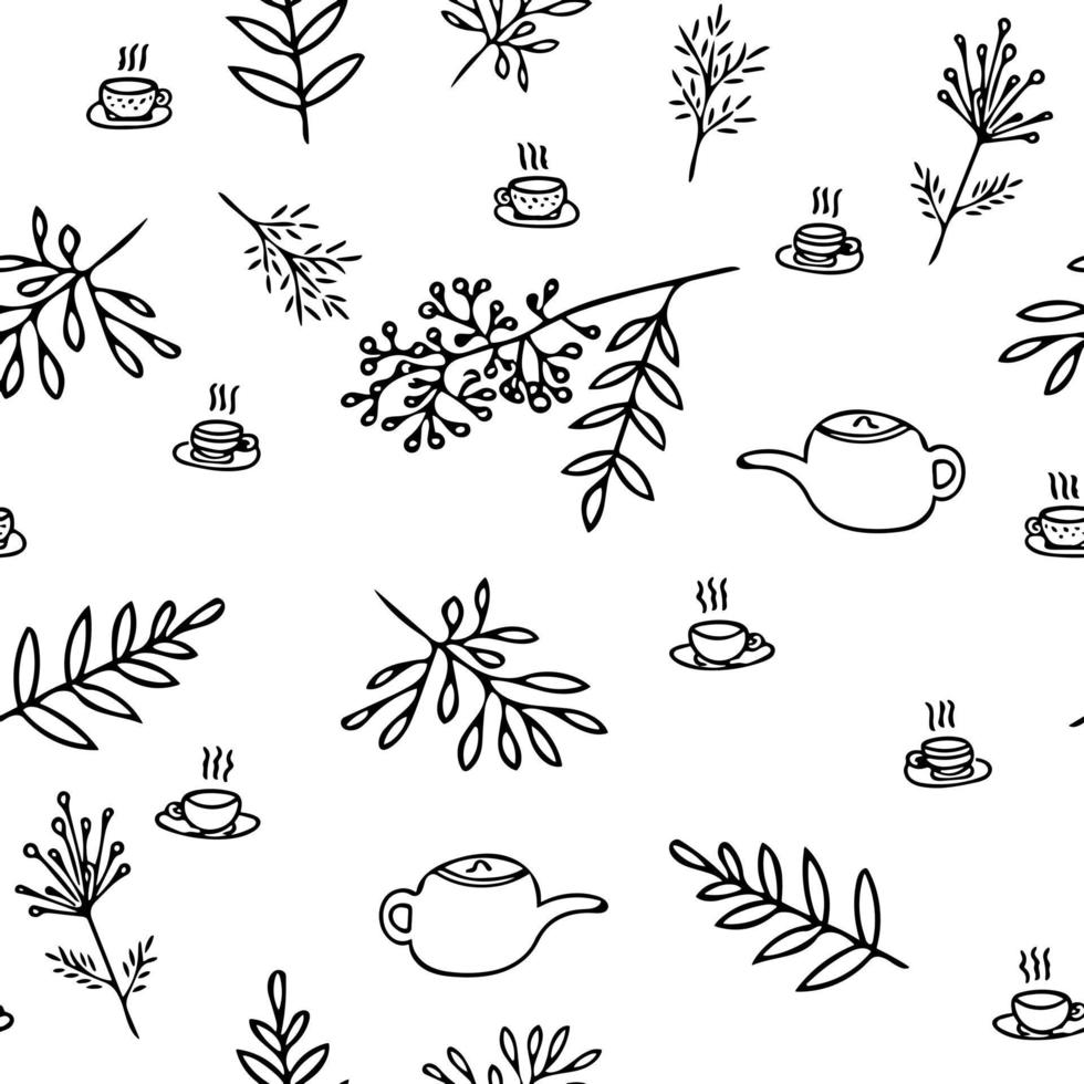 Teekanne, Tassen und Blätter nahtloses Muster handgezeichnetes Doodle. Vektor, Minimalismus, Monochrom. Textilien, Packpapier, Tapeten. Herbsttee heiße Getränke vektor