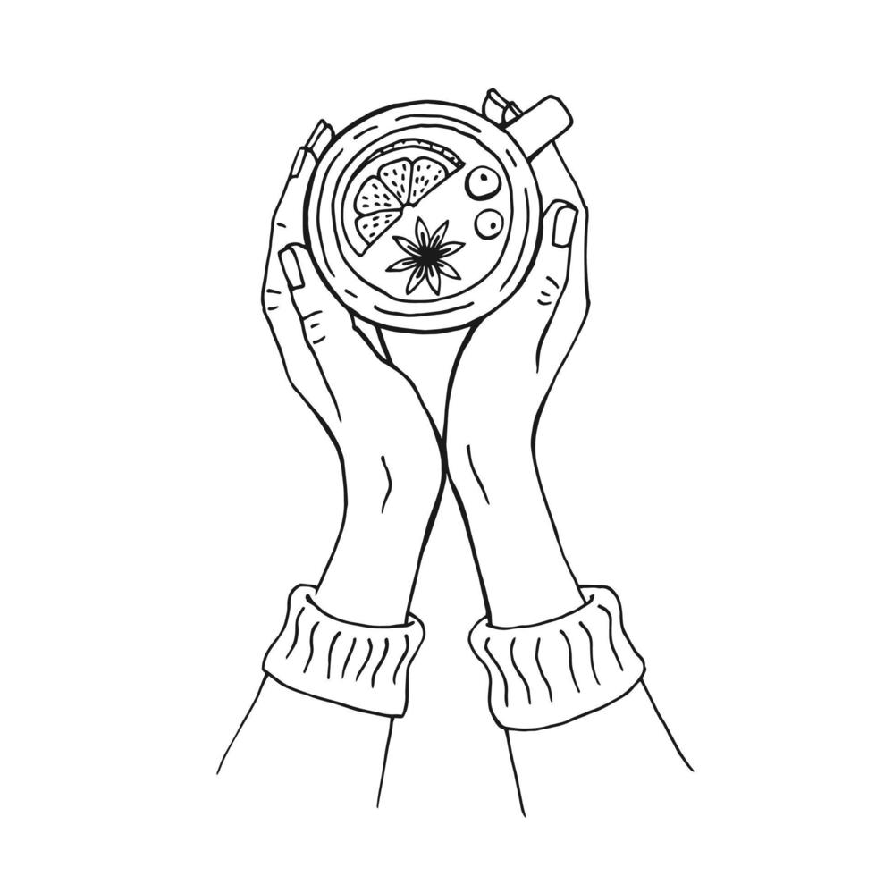 hand dragen skiss av händer innehav en kopp av funderade vin. vektor illustration isolerat på vit bakgrund.
