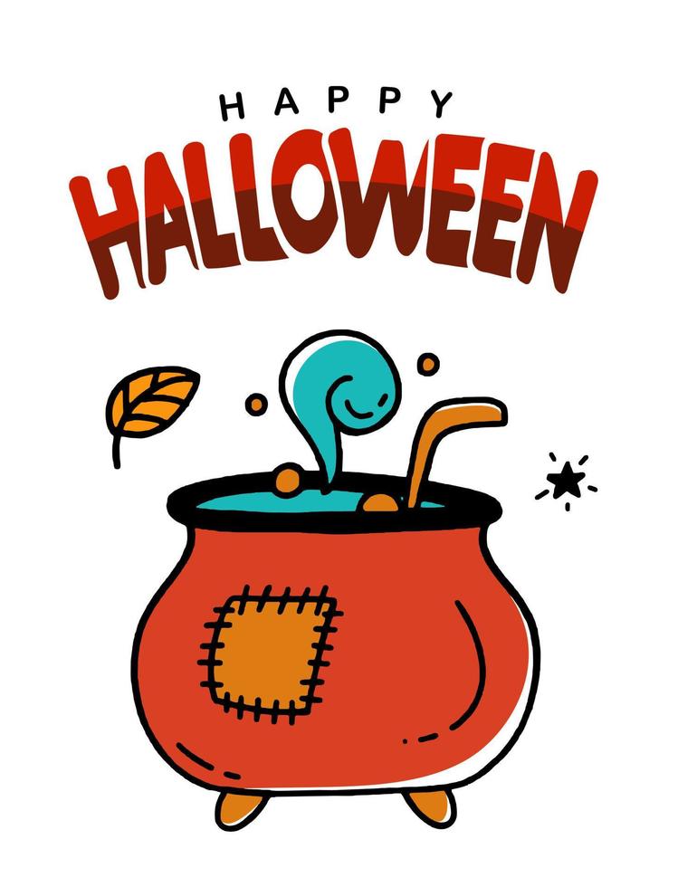 Halloween-Grußkarten-Plakatfahne mit Trankkesselillustration des Gekritzelart-Vektordesigns auf weißem Hintergrund vektor