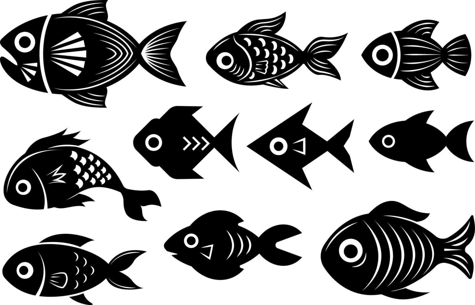 schwarz-weiße Fischillustrationen, Sammlung verschiedener Fische, abstrakte stilisierte Unterwasserlebewesen einzeln auf weißem Hintergrund. vektor