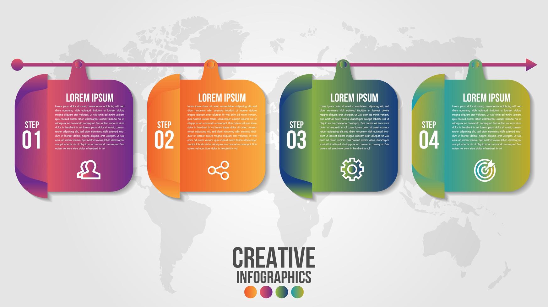 Infografik-Zeitleiste mit 4 abgerundeten Quadraten auf dem Pfeil vektor