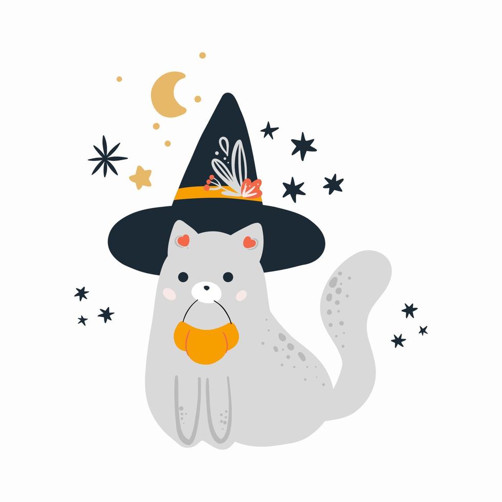 söt svart katt i häxa hatt med halloween pumpa vektor