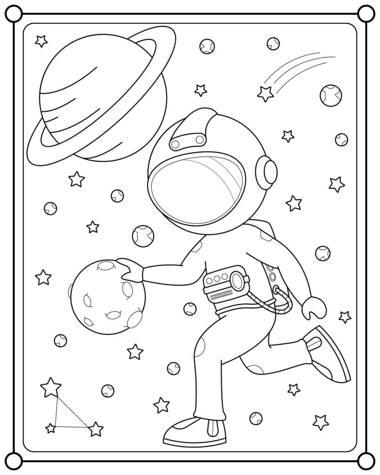 söt astronaut spelar måne boll i Plats lämplig för barns färg sida vektor illustration