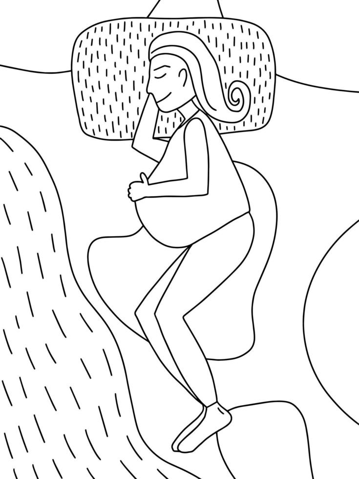 Farbseite mit einer glücklichen schwangeren Frau, die auf der Draufsicht des Bettes schläft. schwangere frau hält ihren bauch schlafend vektor