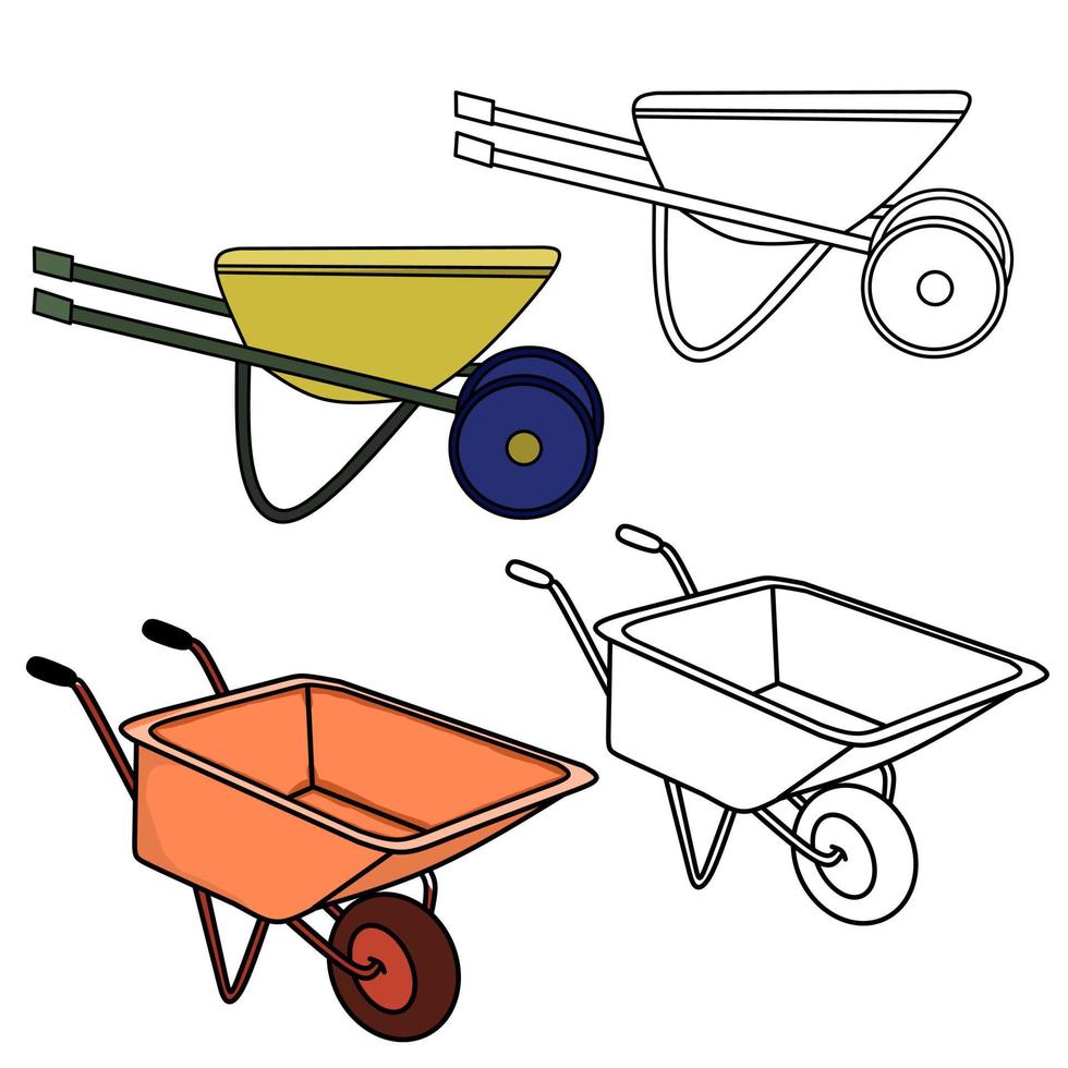 Der Satz von Schubkarren-Umrisssymbolen ist ein Werkzeug für die Gartenarbeit. flaches Design und Umriss editierbare Linie und weißer Hintergrund vektor