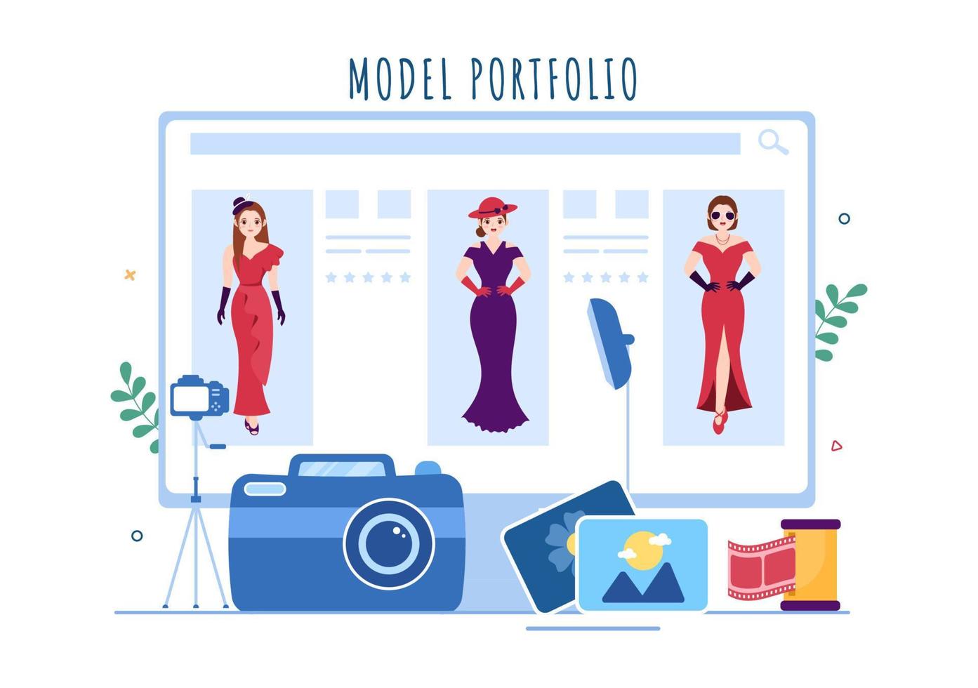 modellportfolio-vorlage handgezeichnete cartoon-flachillustration mit modelagenturmanager und fotograf fotografieren des modells im plattformdesign vektor