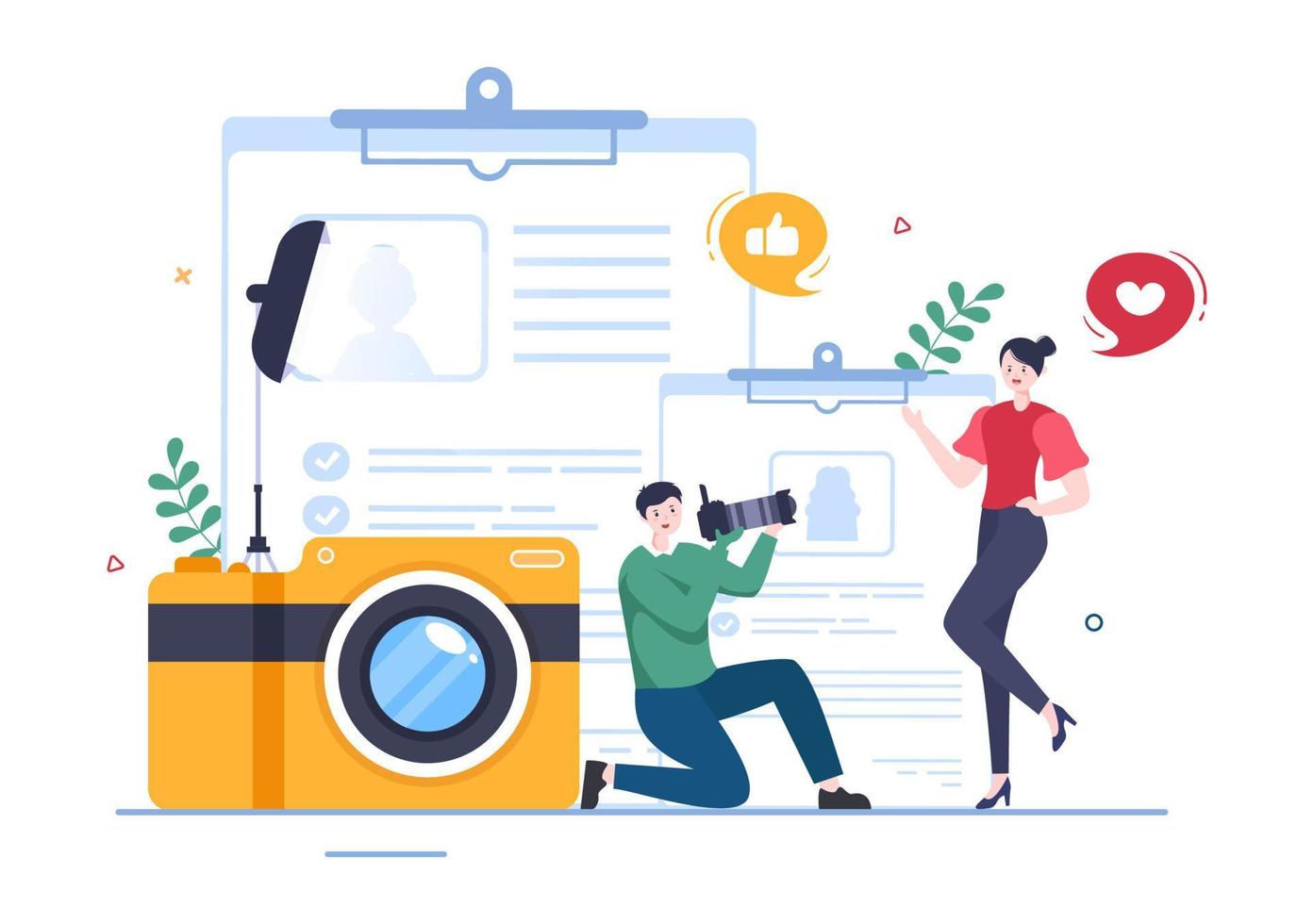 modellportfolio-vorlage handgezeichnete cartoon-flachillustration mit modelagenturmanager und fotograf fotografieren des modells im plattformdesign vektor