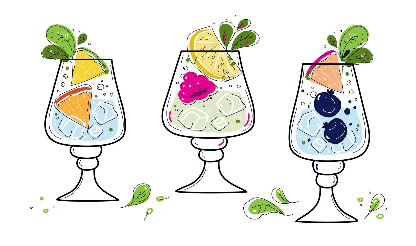 harter Seltzer-Cocktail mit Orange, Beeren und Minze in Gläsern. gesetzte Illustration der Vektorgekritzelskizze vektor