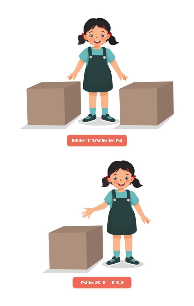 Präposition des Ortes Illustration kleines Mädchen, das zwischen und neben der Box steht Englische Vokabelwörter Flashcard-Set für Bildung vektor