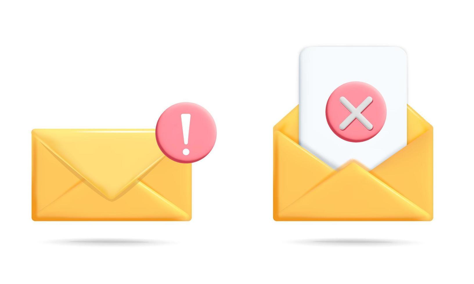 3d vektor uppsättning av gul e-post kuvert och uppmärksamhet fara varning ikon design