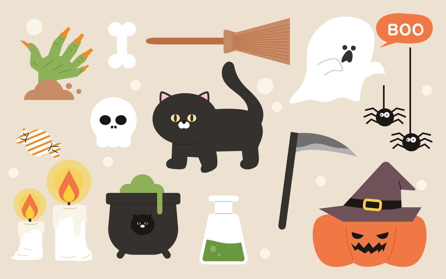 sammlung von halloween-objekten. flache Designart-Vektorillustration. vektor