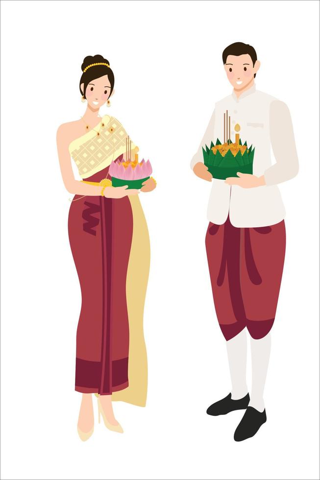 süßes thailändisches paar im traditionellen roten kleid auf schwimmenden blumen loy krathong festival vektor