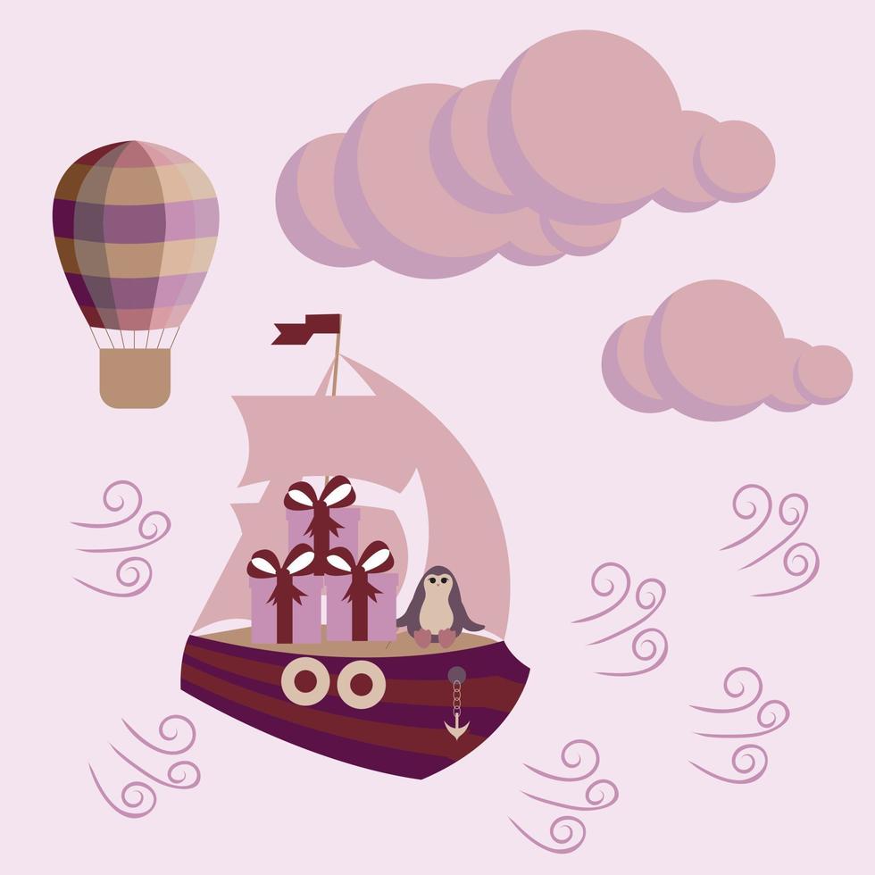 Der Pinguin trägt Geschenke auf einem Segelschiff. In der Ferne sieht man zwischen den Wolken einen Heißluftballon. sanfte romantische oder kindliche illustration. Vektor. vektor