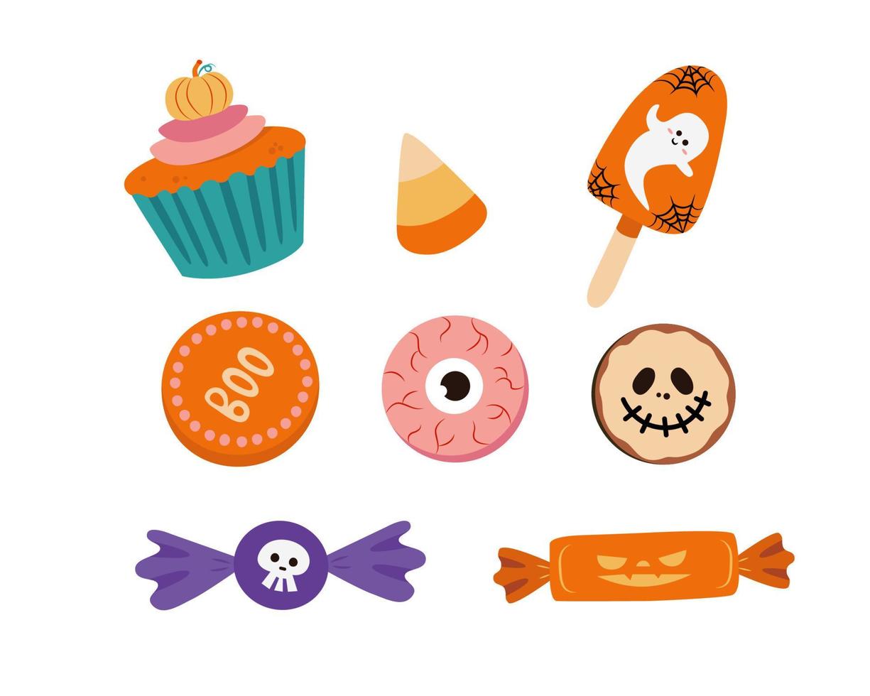 Satz Halloween-Süßigkeiten für Kinder. sammlung von vektorisolierten süßigkeiten - süßigkeiten, kekse, cupcake. Süßes oder Saures Partysüßigkeiten vektor