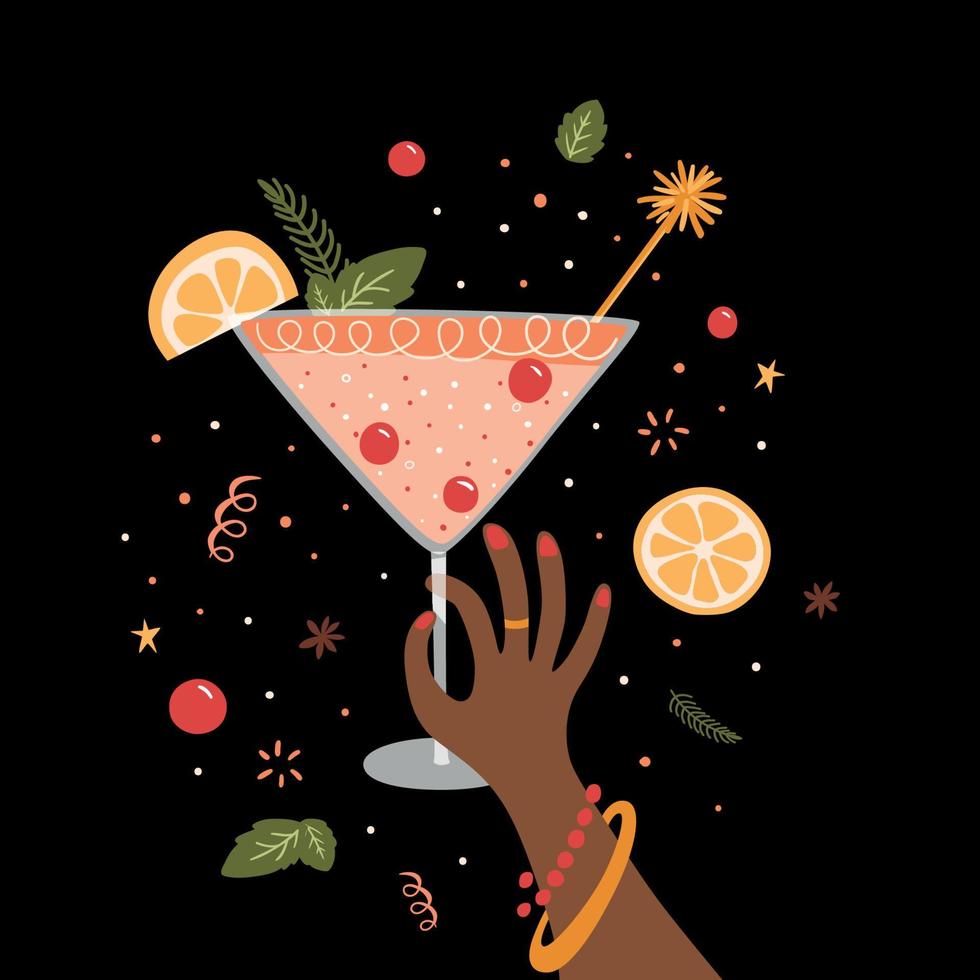 Martini-Cocktails, Martini-Glas, Prost-Mädchen. Champagner Mädchen. Martini-Cocktail, der mit weiblicher Hand röstet. neujahrsfeier. Mädchen Party. Frauenhand hält Martini-Glas. Vektor-Illustration vektor