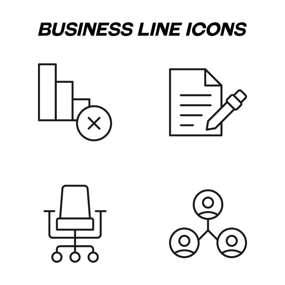 svartvit isolerat symboler dragen med svart tunn linje. perfekt för butiker, butiker, annonser. vektor ikon uppsättning med tecken av framsteg linje, handla, avtal, personal, kontor stol