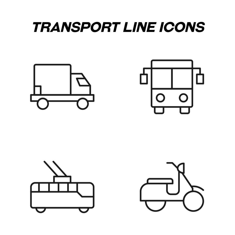 einfarbige isolierte symbole, die mit einer schwarzen dünnen linie gezeichnet sind. perfekt für geschäfte, geschäfte, werbung. vektorsymbol mit zeichen von lkw, van, bus, obus, moped, fahrrad vektor