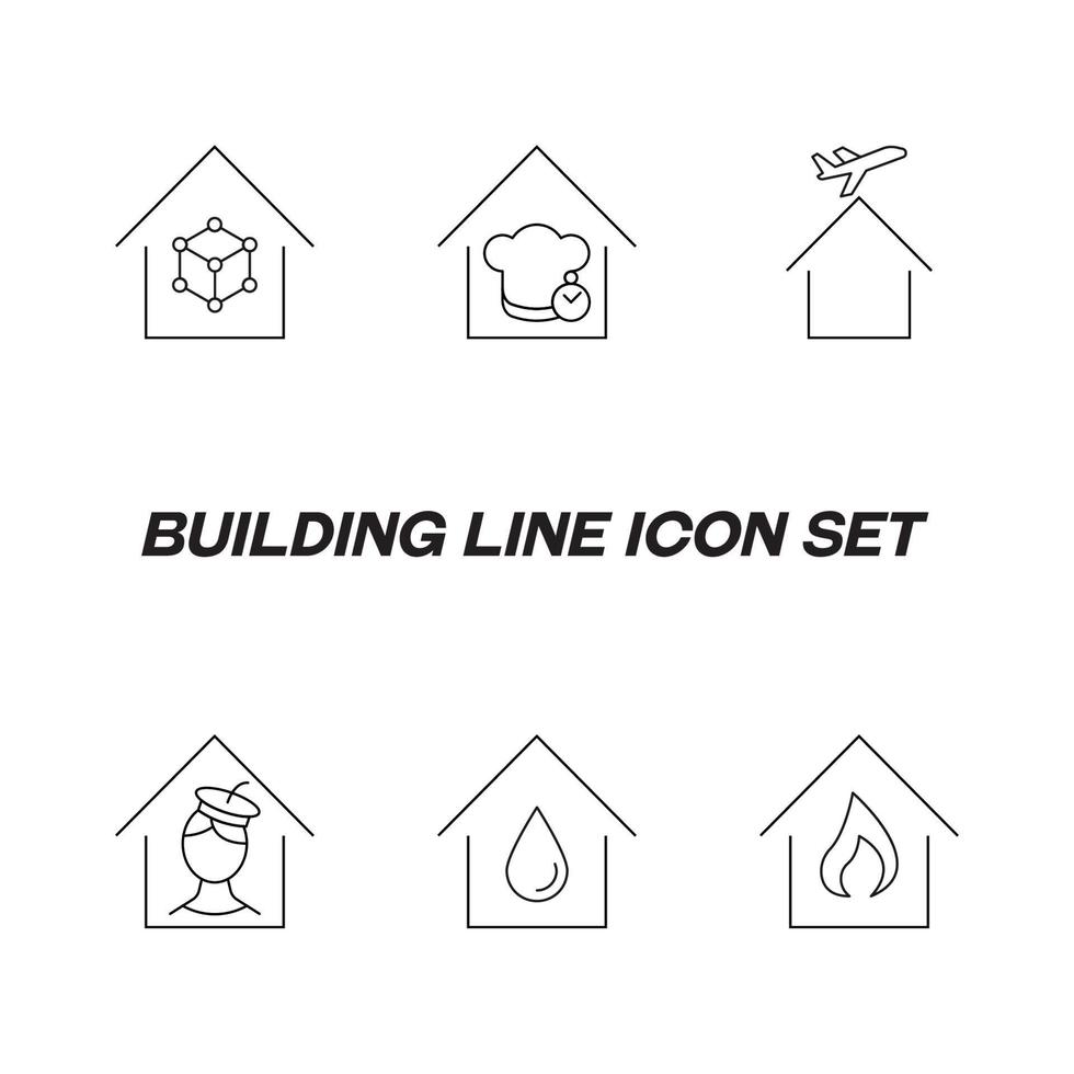 Gebäude als Betrieb oder Anlage. Liniensymbolsatz mit Symbolen von Häusern, Kliniken, Werkstätten, Ateliers, Geschäften, Cafés, Labors. Anzeichen von Tropfen, Flamme, Künstler, Flugzeug, Koch, Compound von Haus vektor