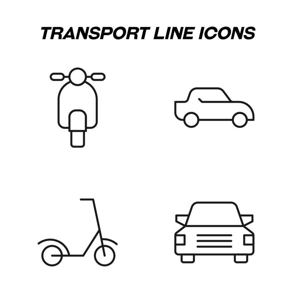 einfarbige isolierte symbole, die mit einer schwarzen dünnen linie gezeichnet sind. perfekt für geschäfte, geschäfte, werbung. vektorsymbol mit zeichen von scooter, auto, automobil, scooter vektor