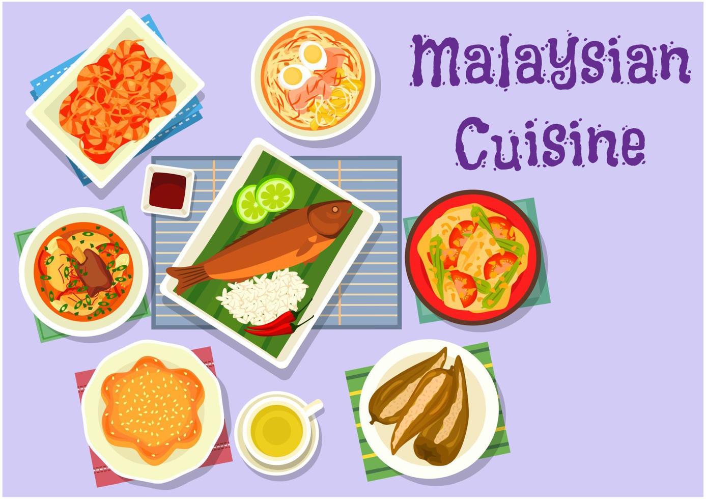 malaysiska kök fisk och kött maträtter ikon vektor