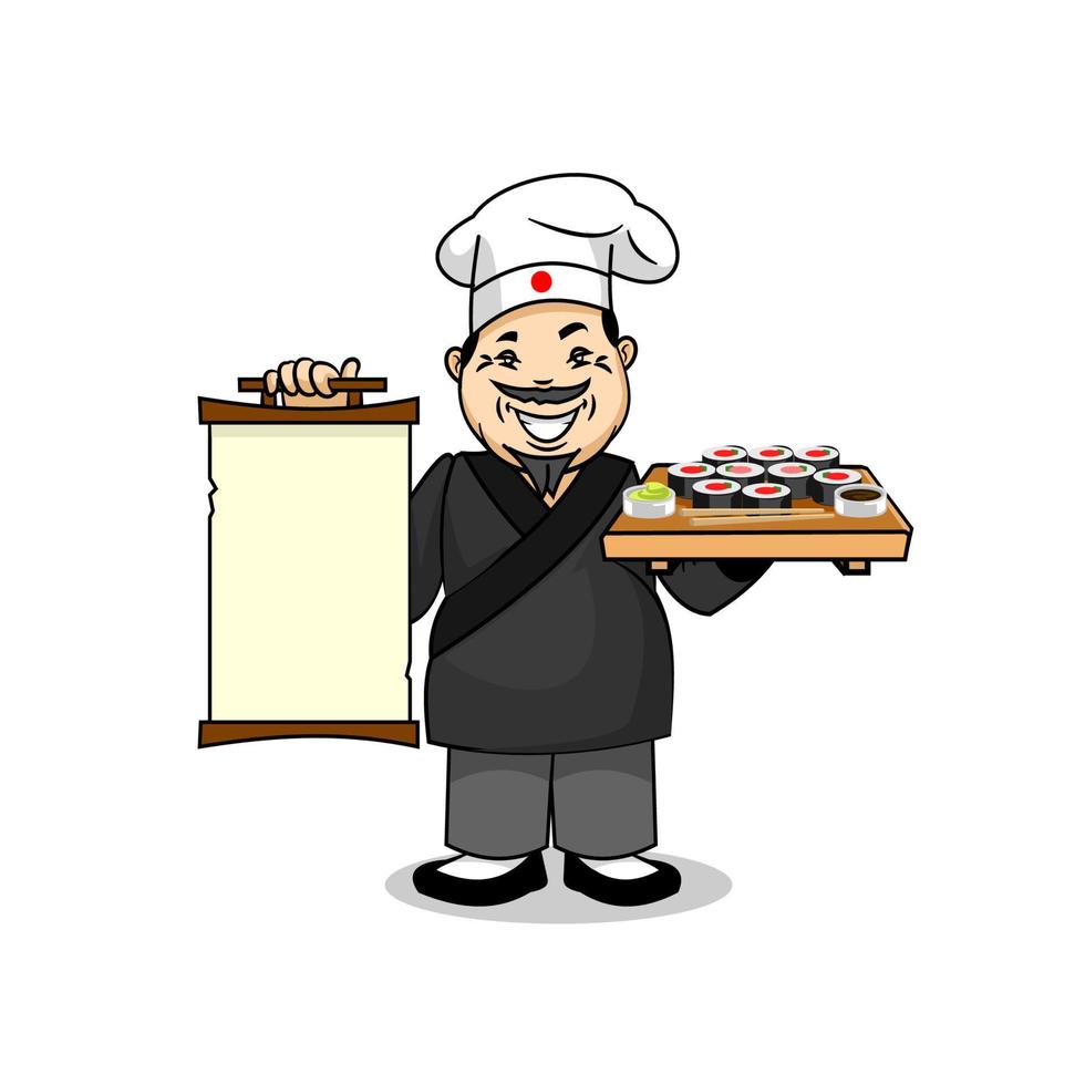 japanischer koch mit menü und sushi vektor