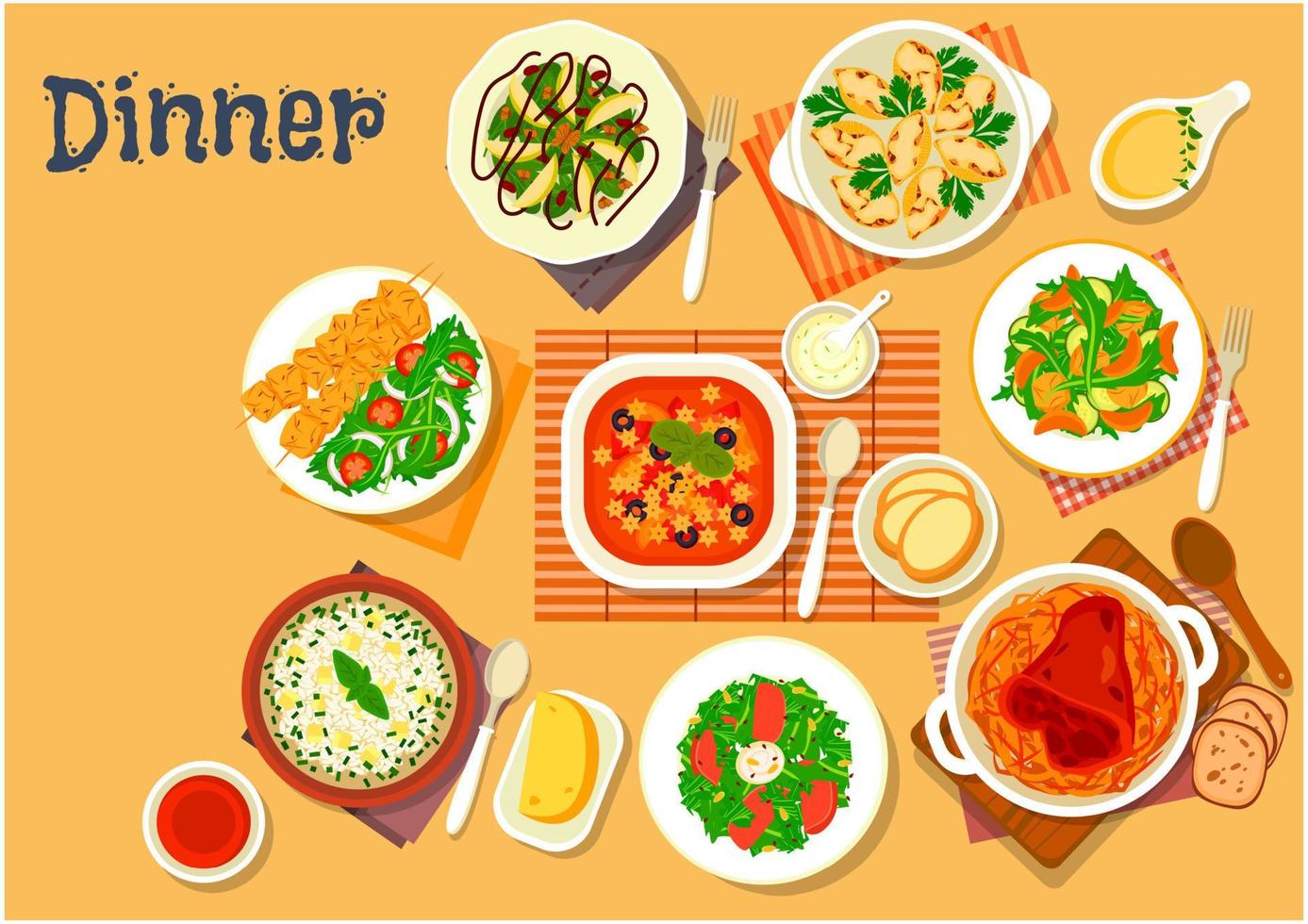 Dinner-Ikone mit Gerichten der italienischen, deutschen Küche vektor