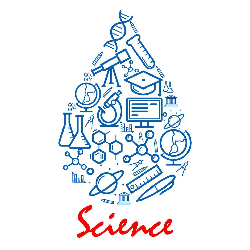 Wissenschaftsemblem in Form eines Wassertropfens mit Symbolen vektor